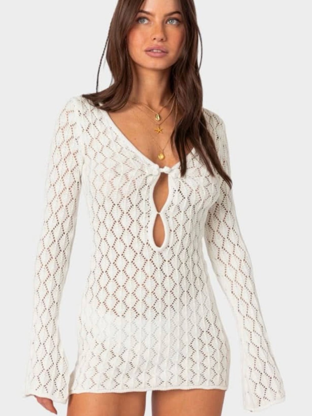 White Crochet Tie-Front Swim Coverup Dress